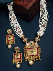 Gold-Plated White & Green Stone-Studded & Pearl Beaded Jewellery Set