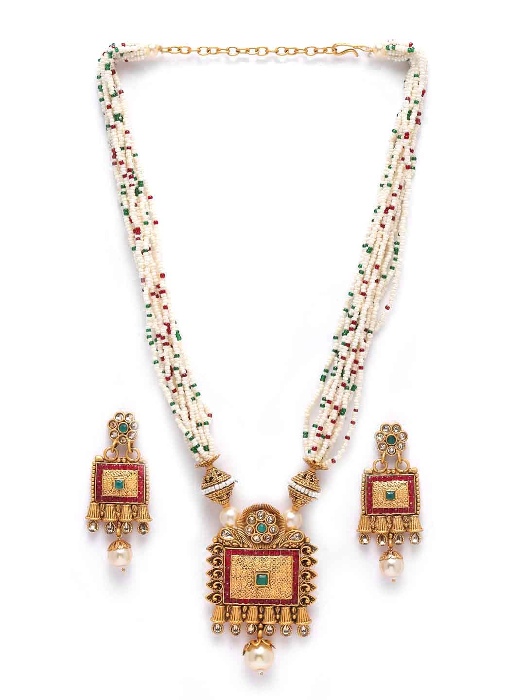 Gold-Plated White & Green Stone-Studded & Pearl Beaded Jewellery Set