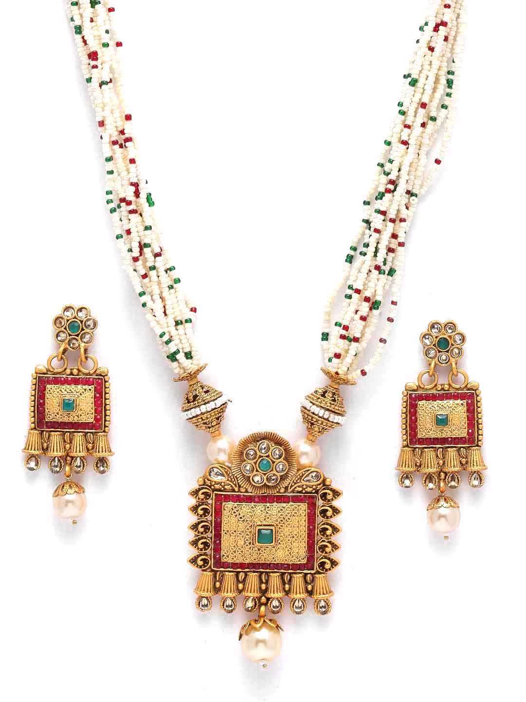 Gold-Plated White & Green Stone-Studded & Pearl Beaded Jewellery Set