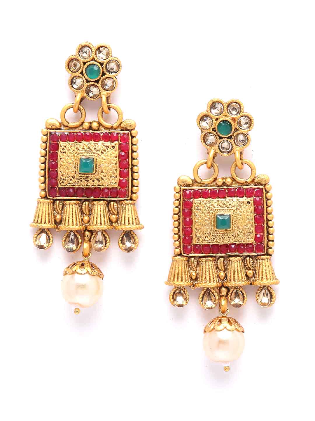 Gold-Plated White & Green Stone-Studded & Pearl Beaded Jewellery Set