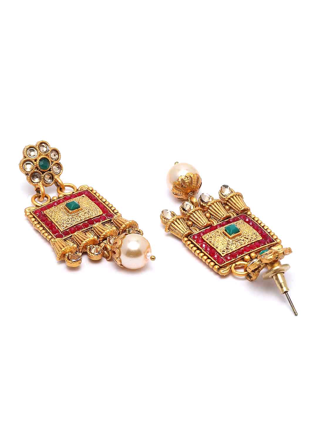 Gold-Plated White & Green Stone-Studded & Pearl Beaded Jewellery Set