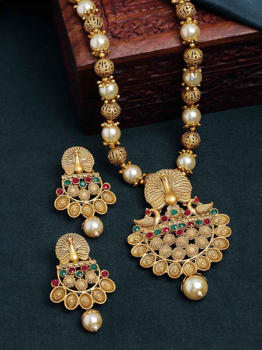 Gold-Plated Stone Studded Peacock-Shaped Jewellery Set