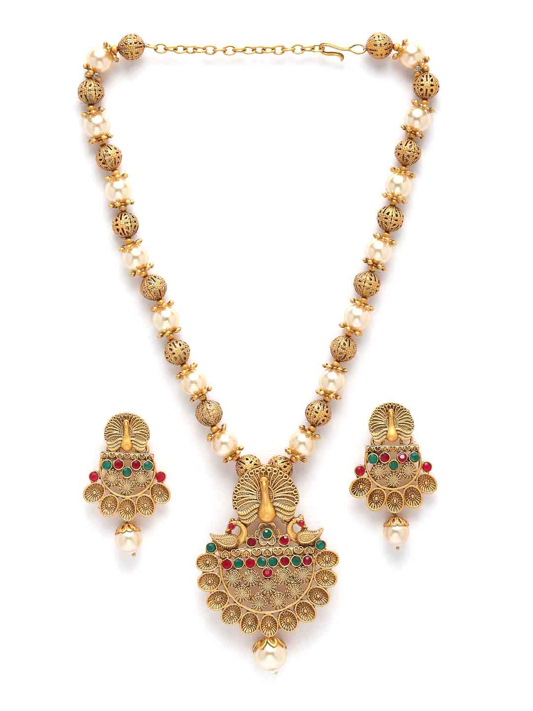 Gold-Plated Stone Studded Peacock-Shaped Jewellery Set