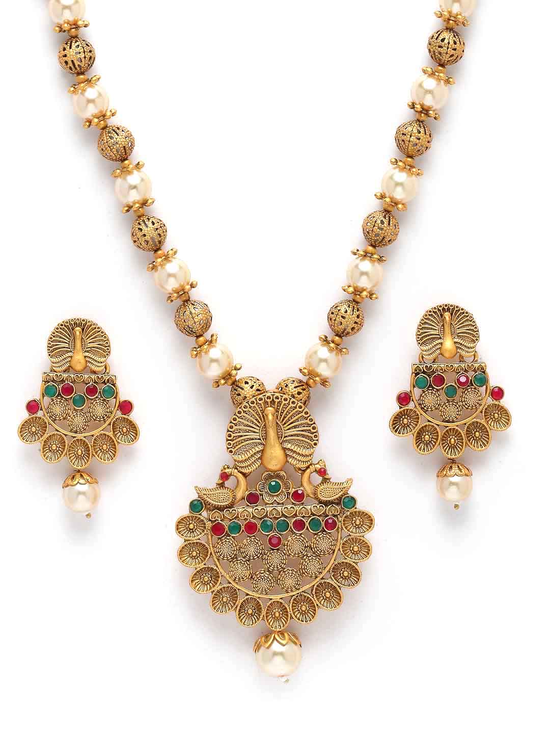 Gold-Plated Stone Studded Peacock-Shaped Jewellery Set