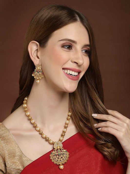 Gold-Plated Stone Studded Peacock-Shaped Jewellery Set