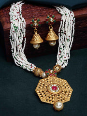 Gold-Plated Red & Green Stone-Studded Handcrafted Beads Jewellery Set