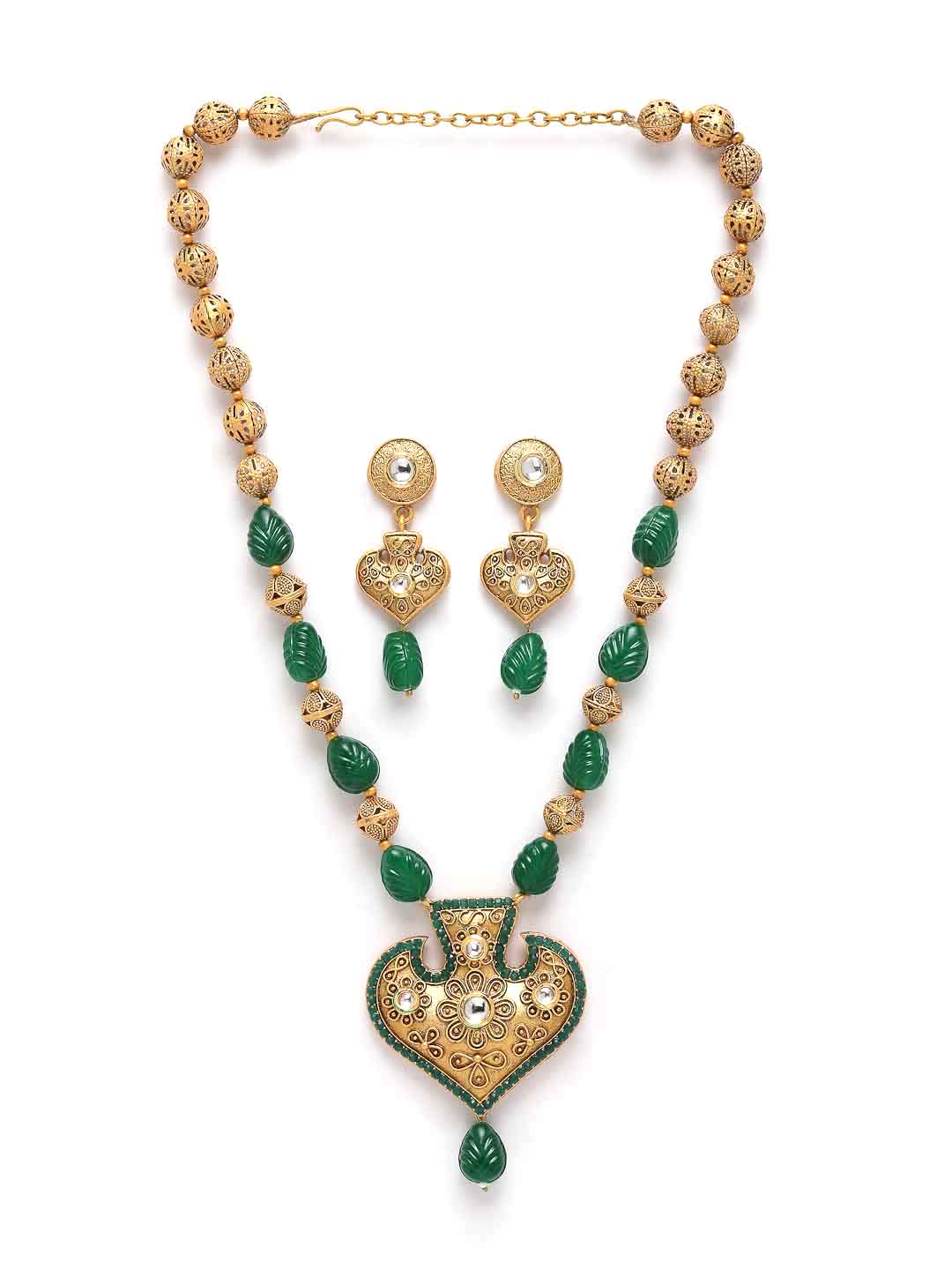 Green Beaded Gold-Plated Kundan Studded Jewellery Set