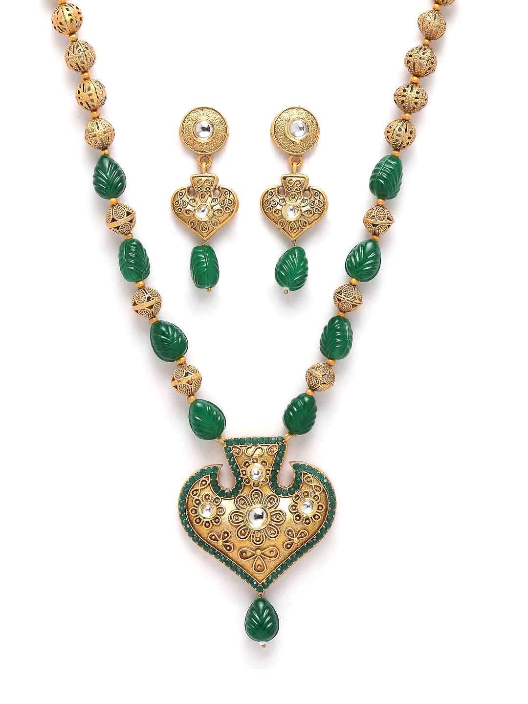 Green Beaded Gold-Plated Kundan Studded Jewellery Set