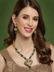 Green Beaded Gold-Plated Kundan Studded Jewellery Set