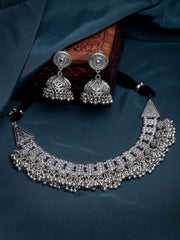 Silver-Toned Oxidized Handcrafted Choker Necklace with Earrings