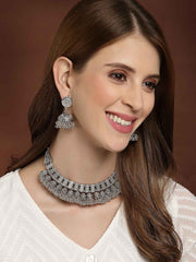 Silver-Toned Oxidized Handcrafted Choker Necklace with Earrings