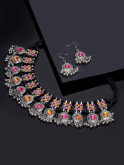 Oxidized Silver-Toned Yellow & Pink Stone Studded Handcrafted Choker Jewellery Set