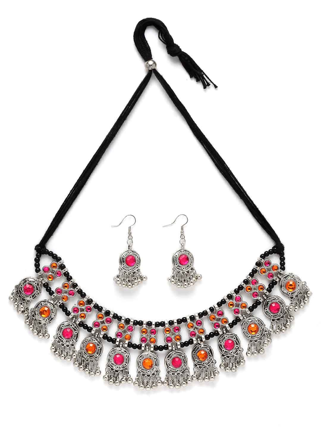 Oxidized Silver-Toned Yellow & Pink Stone Studded Handcrafted Choker Jewellery Set