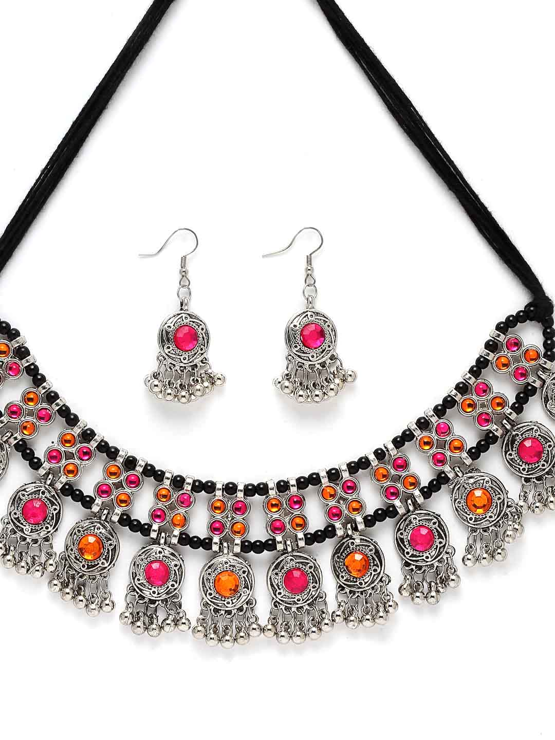 Oxidized Silver-Toned Yellow & Pink Stone Studded Handcrafted Choker Jewellery Set