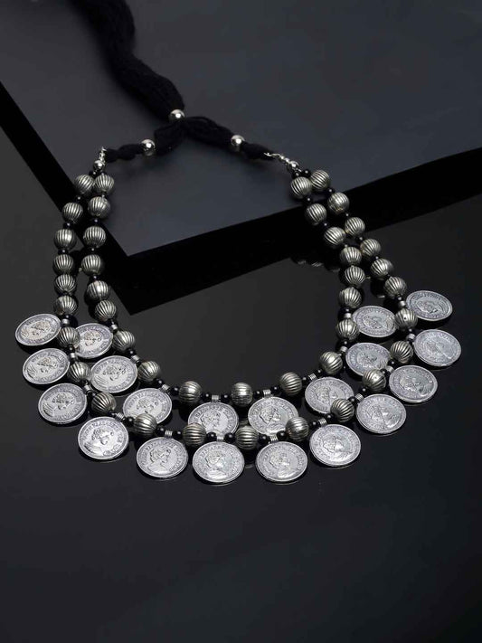 Silver-Plated German Silver Coin Oxidised Necklace