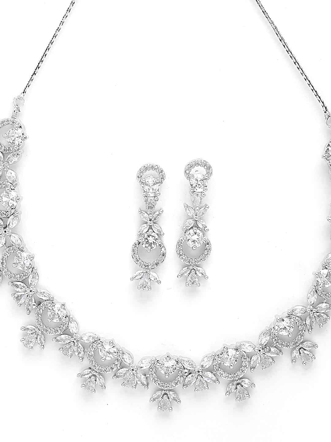 Rhodium-Plated White AD Studded Handcrafted Jewellery Set