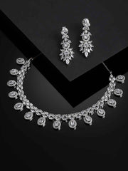 Rhodium-Plated Silver Toned & White AD- Studded & Beaded Jewellery Set