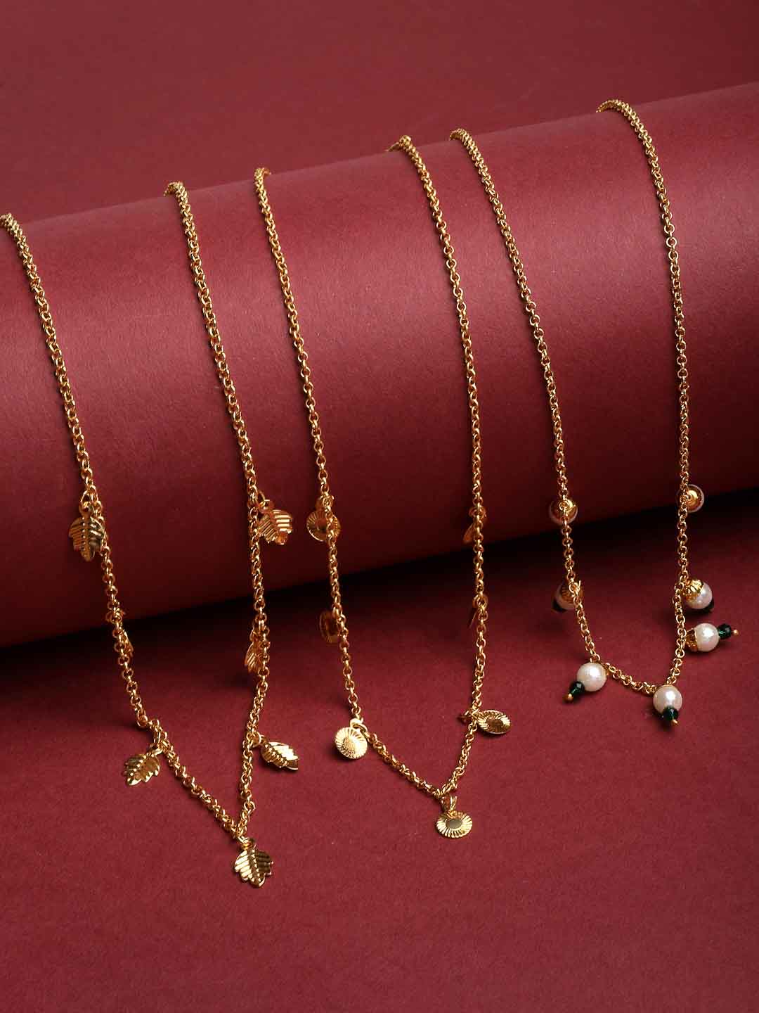 Women Set Of 3 Gold-Plated & Green Brass Charm Necklace