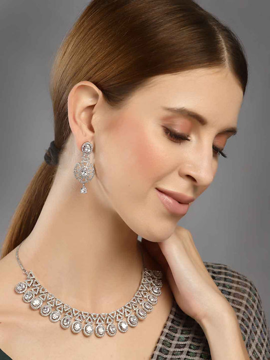 Rhodium-Plated White American Diamonds-Studded Handcrafted Jewellery Set