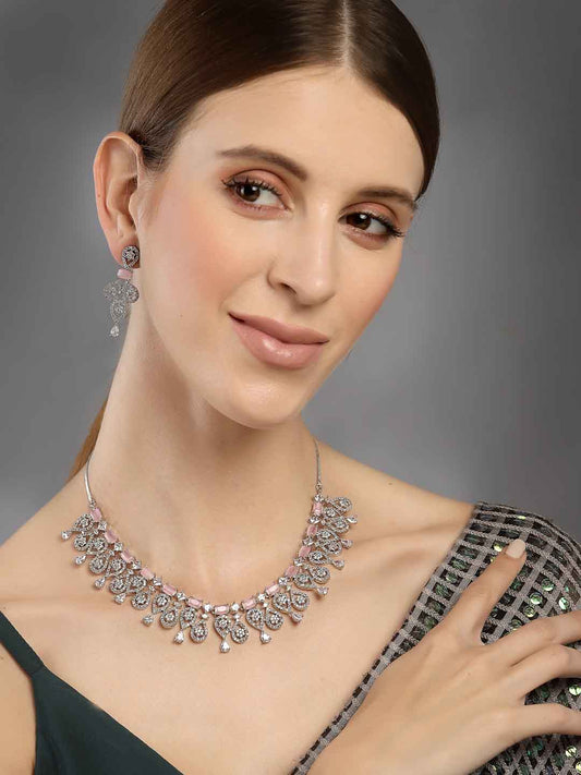 Rhodium-Plated Silver-Toned & White AD-Studded Jewellery Set