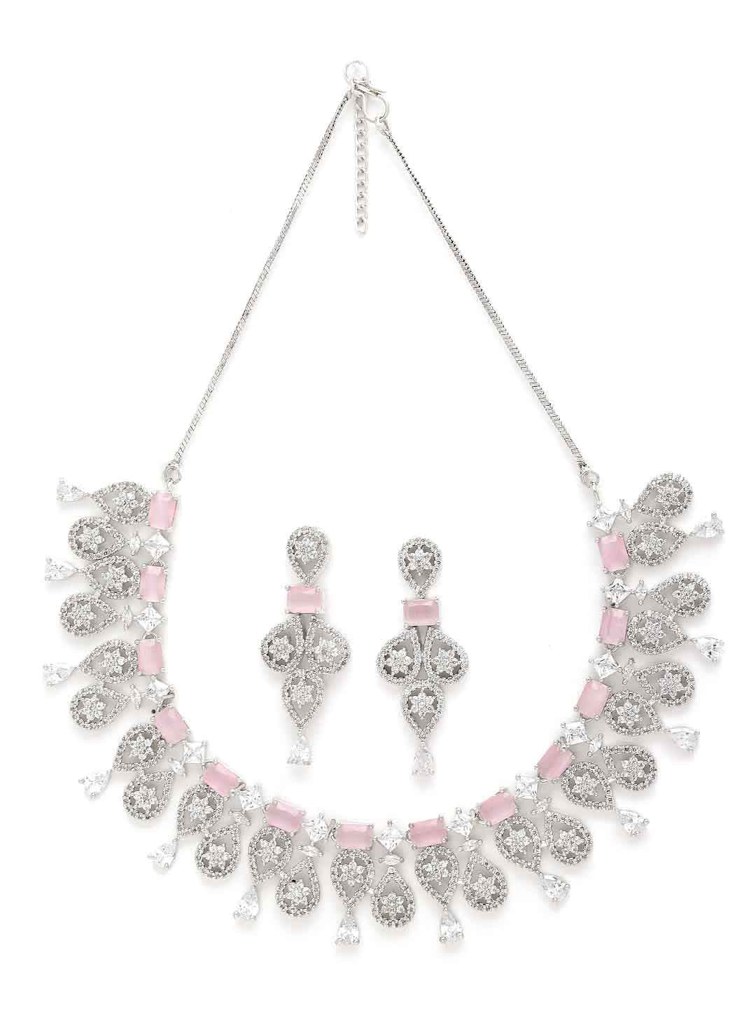 Rhodium-Plated Silver-Toned & White AD-Studded Jewellery Set