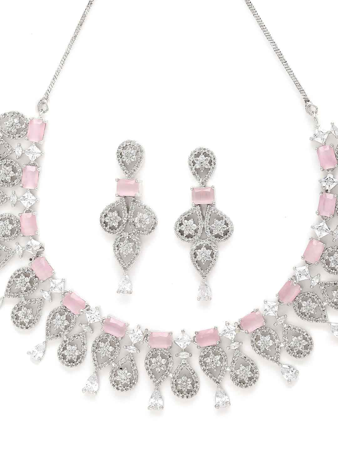 Rhodium-Plated Silver-Toned & White AD-Studded Jewellery Set