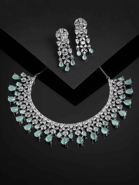 Rhodium-Plated White and Sea Green AD-Studded Handcrafted Jewellery Set