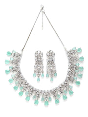 Rhodium-Plated White and Sea Green AD-Studded Handcrafted Jewellery Set