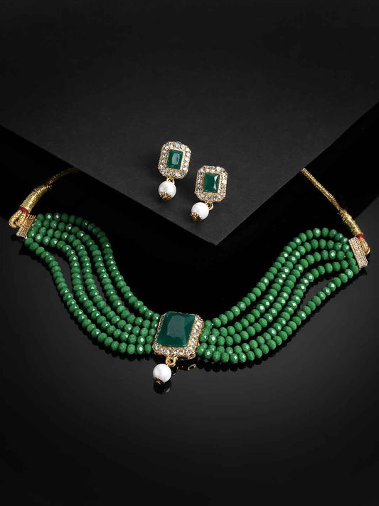 Gold-Plated Green Stone-Studded & Beaded Jewellery Set