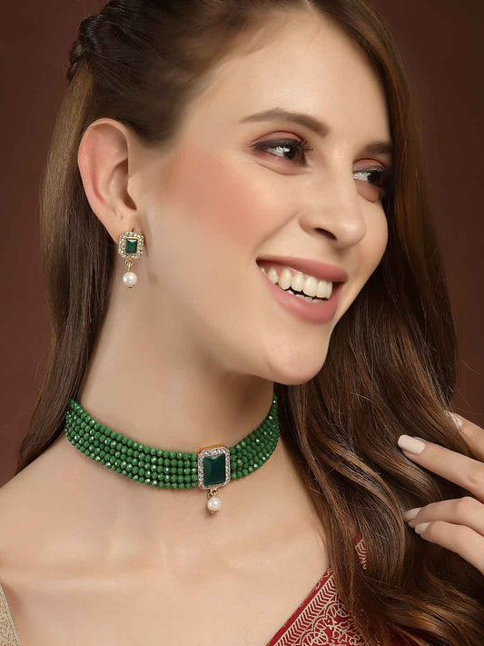 Gold-Plated Green Stone-Studded & Beaded Jewellery Set