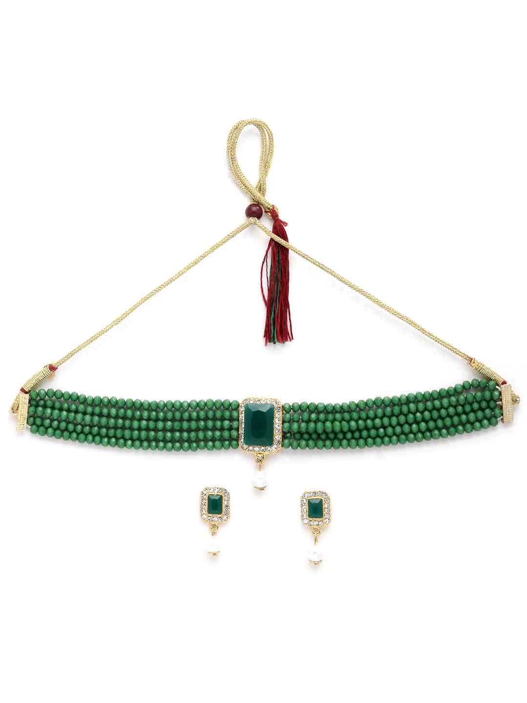 Gold-Plated Green Stone-Studded & Beaded Jewellery Set