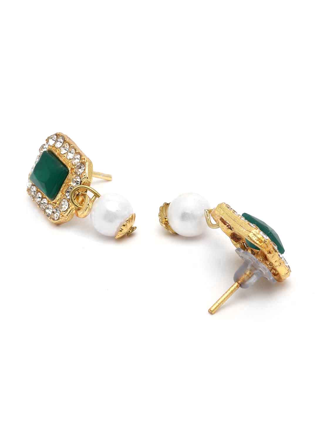 Gold-Plated Green Stone-Studded & Beaded Jewellery Set