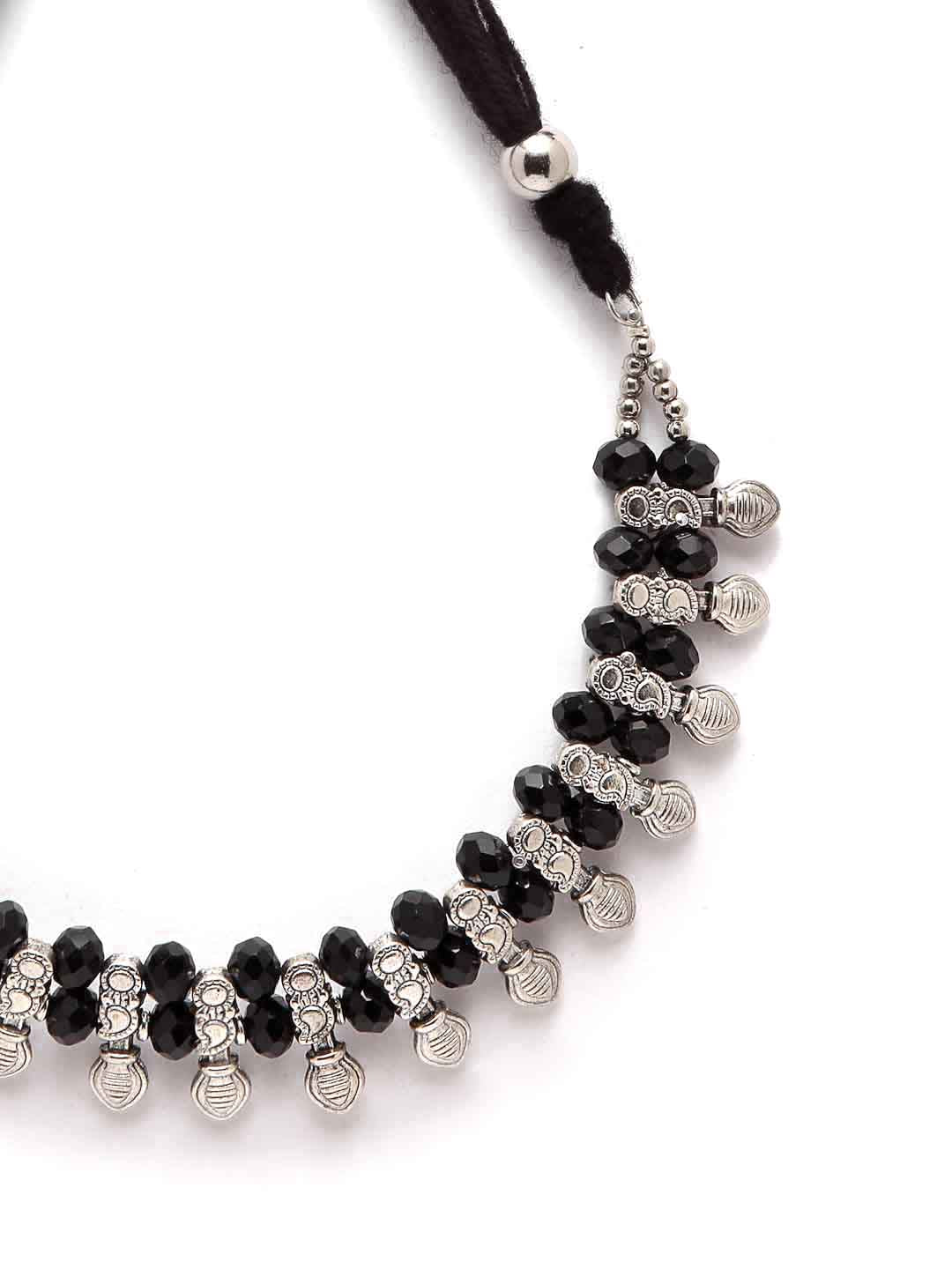 Silver-Toned & Black German Silver Oxidised Necklace