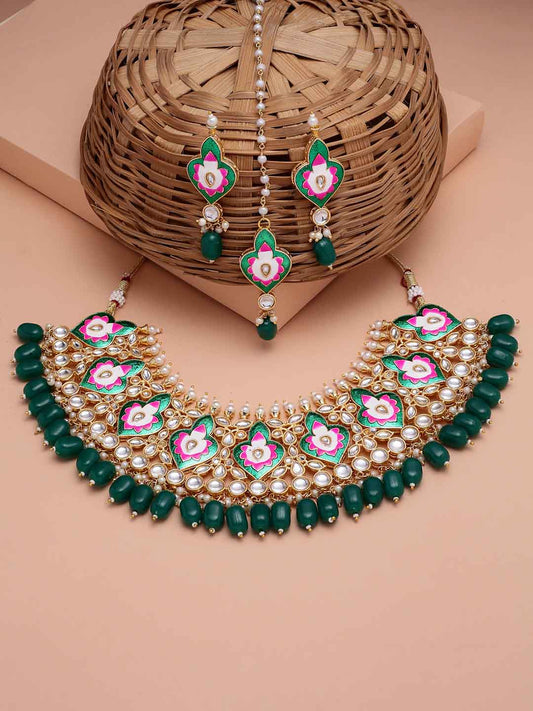 Gold-Plated Stone-Studded & Beaded Jewellery Set