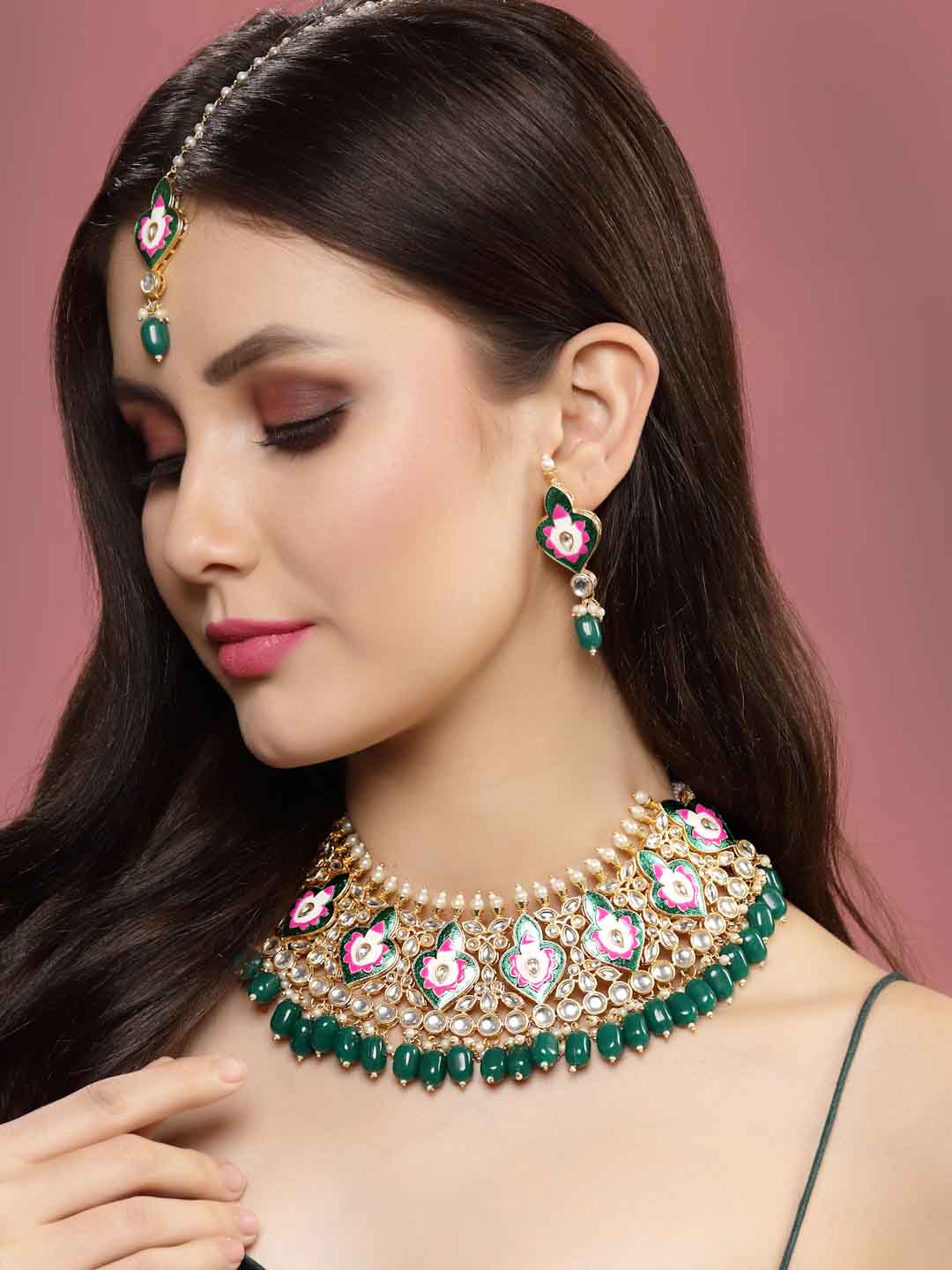 Gold-Plated Stone-Studded & Beaded Jewellery Set