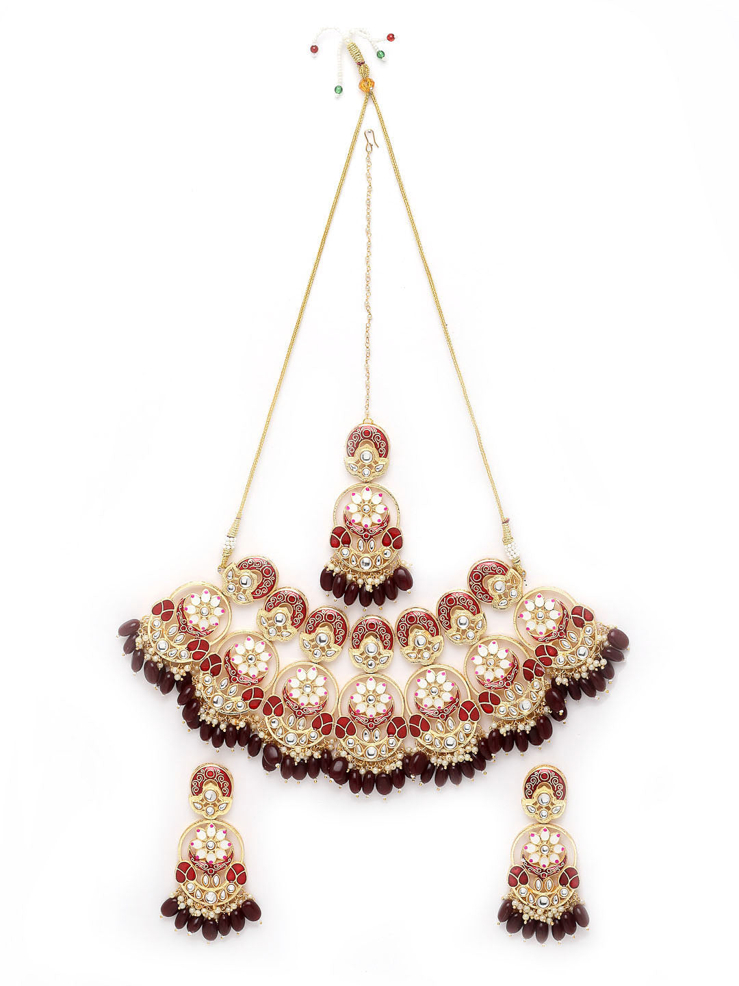 Gold-Plated Red Kundan & Pearl-Studded Meenakari Choker Jewellery Set