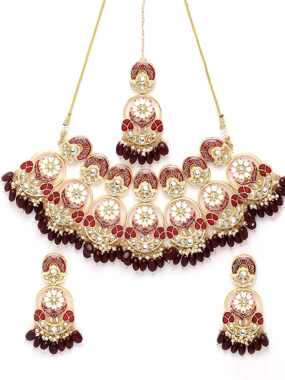 Gold-Plated Red Kundan & Pearl-Studded Meenakari Choker Jewellery Set