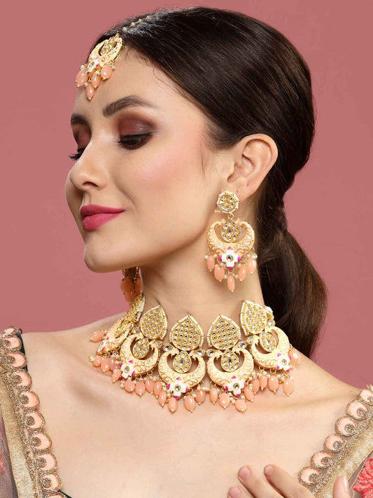 Gold-Plated Kundan Meenakari Choker Jewellery Set with Mang Tikka