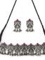 Oxidized Silver-Toned Red Stone-Studded & Beaded Jewellery Set