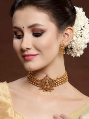 Gold-Plated Gold Stone-Studded & Beaded Jewellery Set