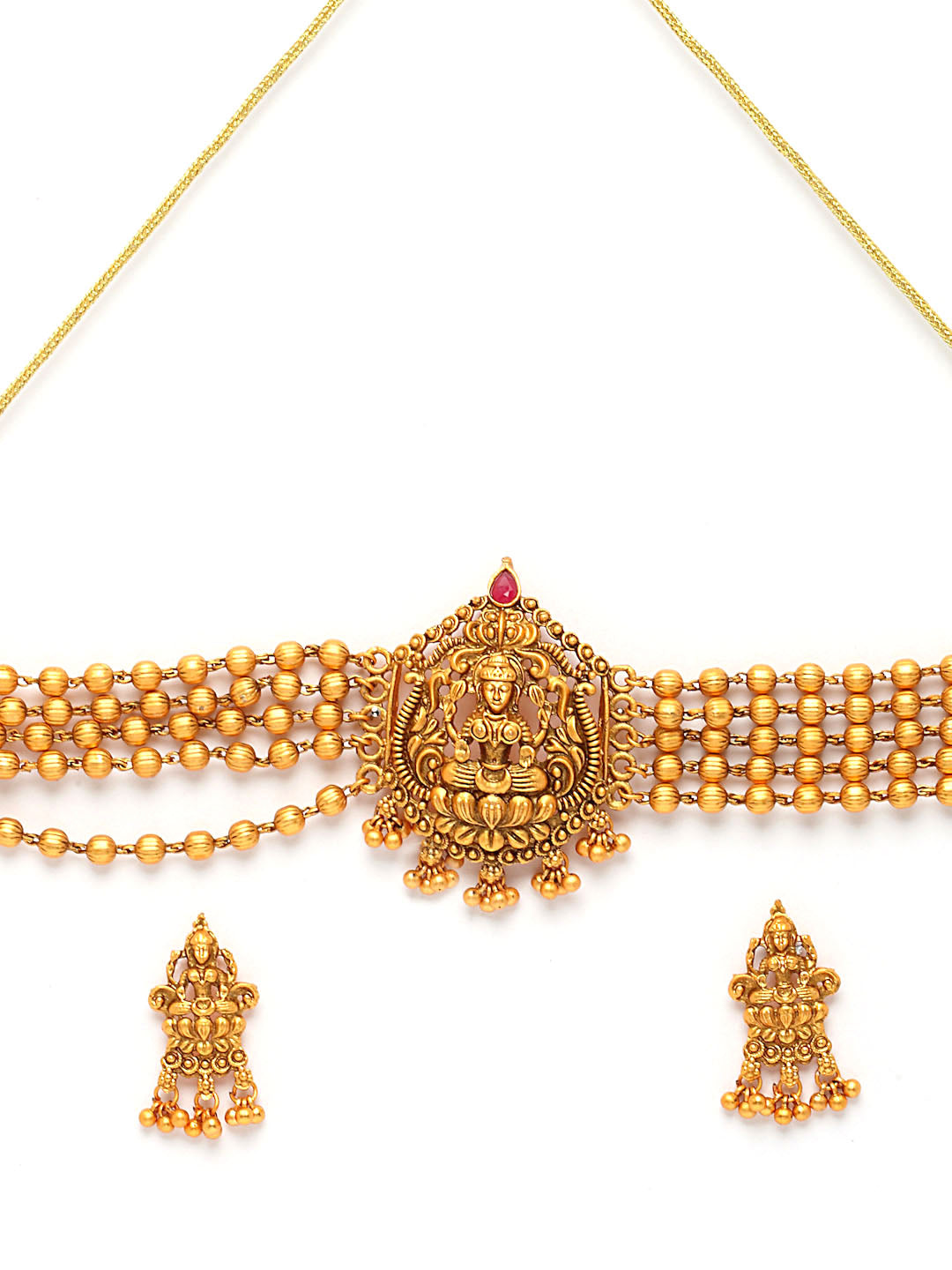 Gold-Plated Gold Stone-Studded & Beaded Jewellery Set