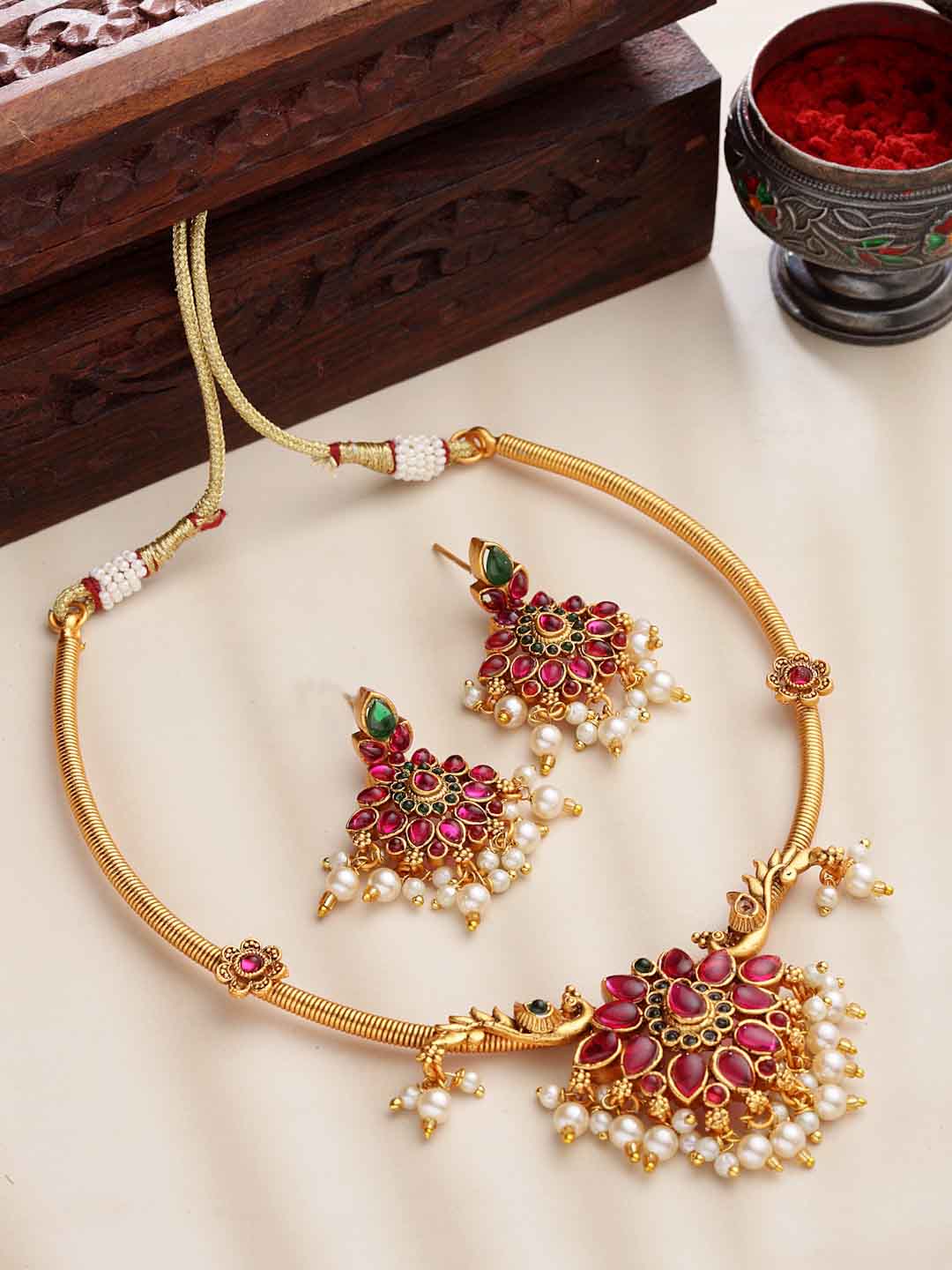 Gold-Plated & Toned Maroon Artificial Stones and Beads Jewellery Set