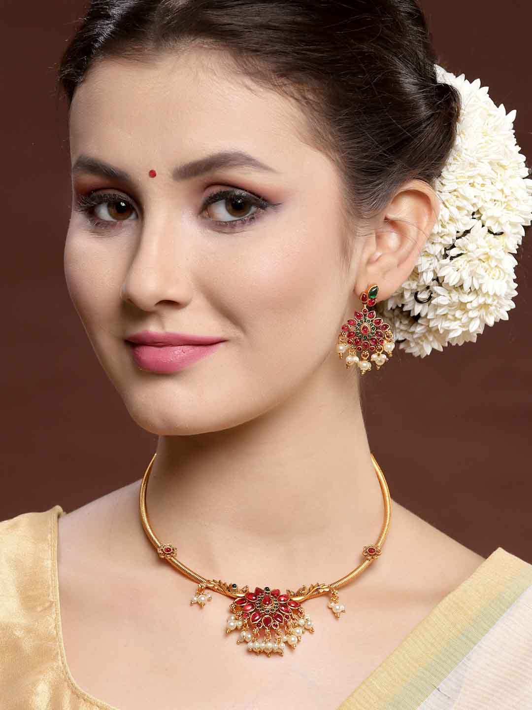 Gold-Plated & Toned Maroon Artificial Stones and Beads Jewellery Set