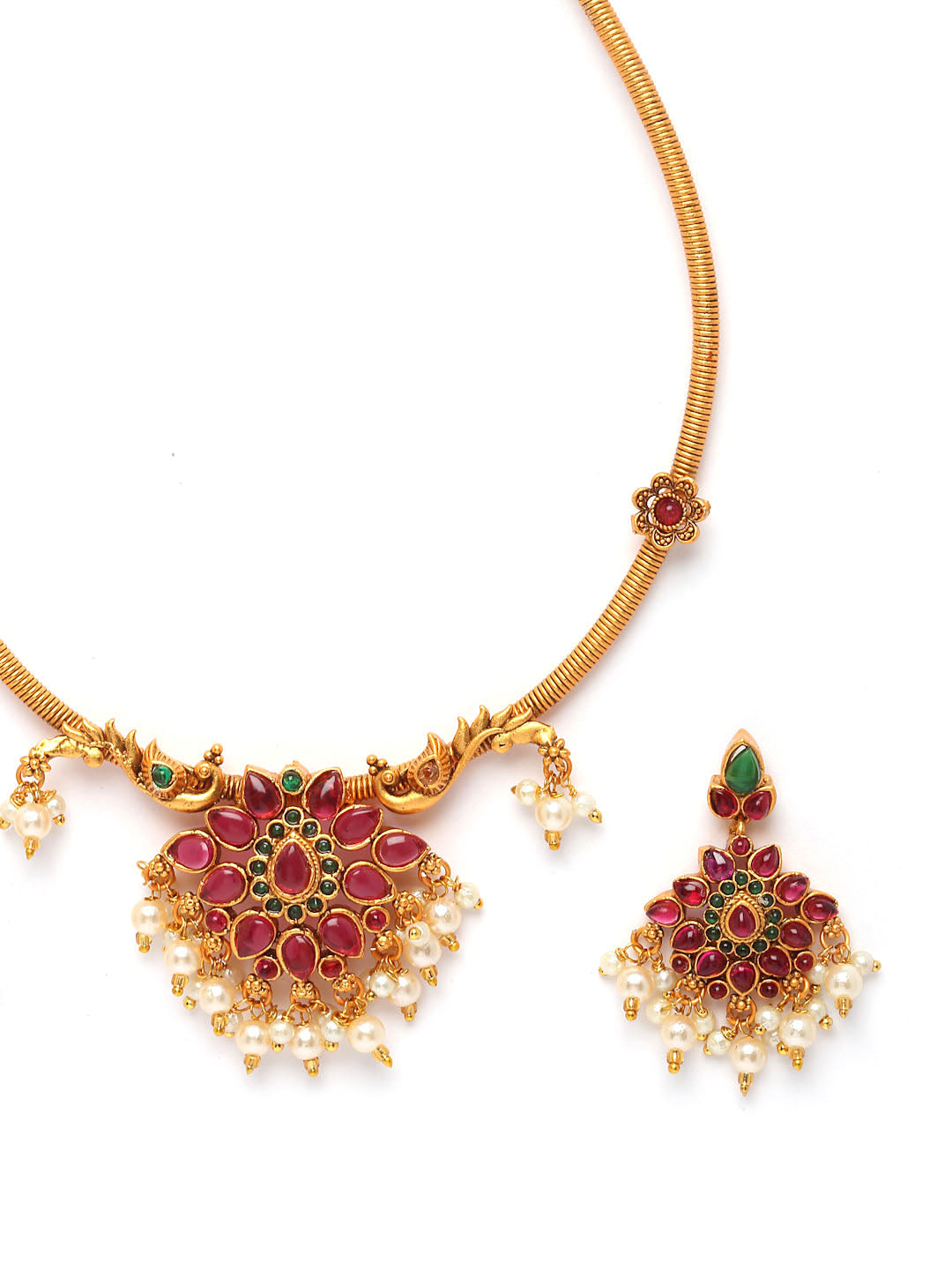 Gold-Plated & Toned Maroon Artificial Stones and Beads Jewellery Set