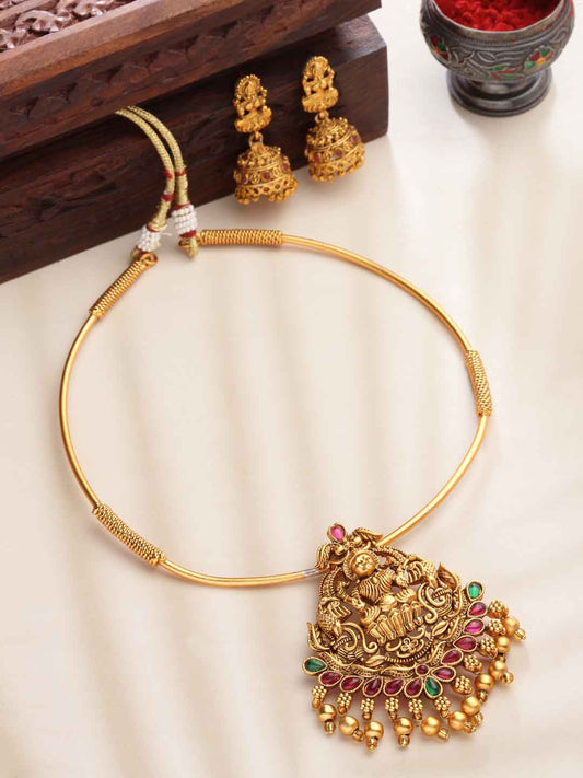 Gold-Plated Ruby Stone Temple Hasli Choker Jewellery Set