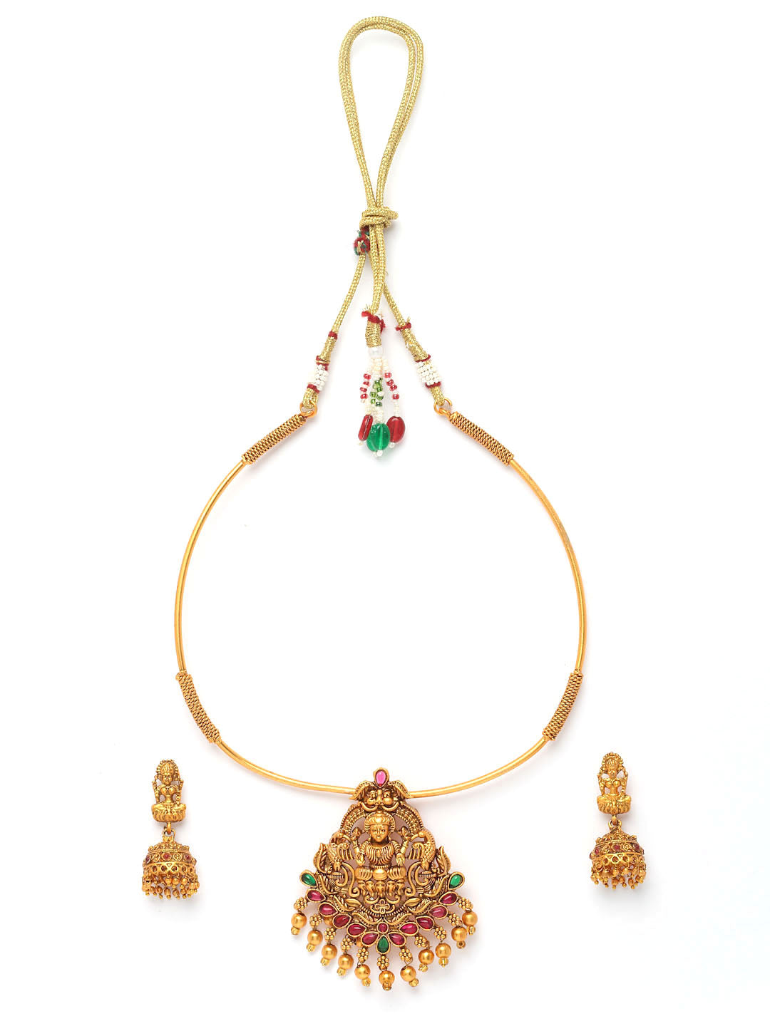 Gold-Plated Ruby Stone Temple Hasli Choker Jewellery Set