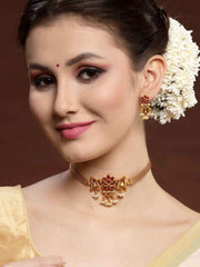 Gold-Plated Pink Stone-Studded Peacock Shaped Jewellery Set