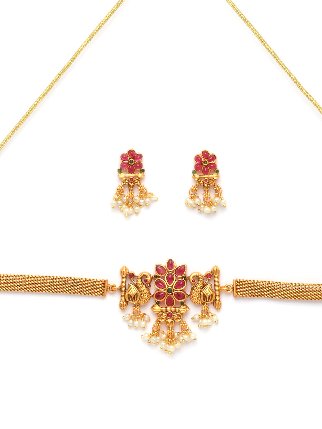 Gold-Plated Pink Stone-Studded Peacock Shaped Jewellery Set