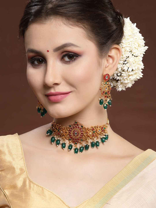 Pink & Green Gold-Plated Ruby Stone-Studded & Green Pearl BeadedJewellery Set