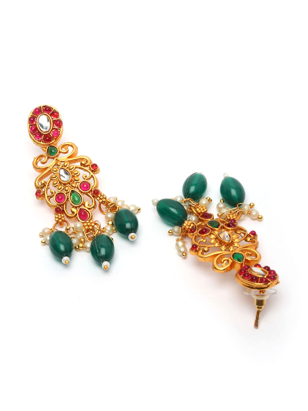 Pink & Green Gold-Plated Ruby Stone-Studded & Green Pearl BeadedJewellery Set